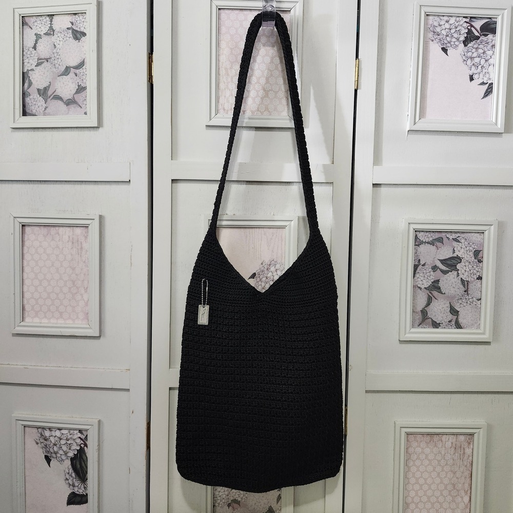 Vtg Jacqueline Ferrar Black Crochet Hobo Shoulder Bag Slouchy Knit Tote Bohemian